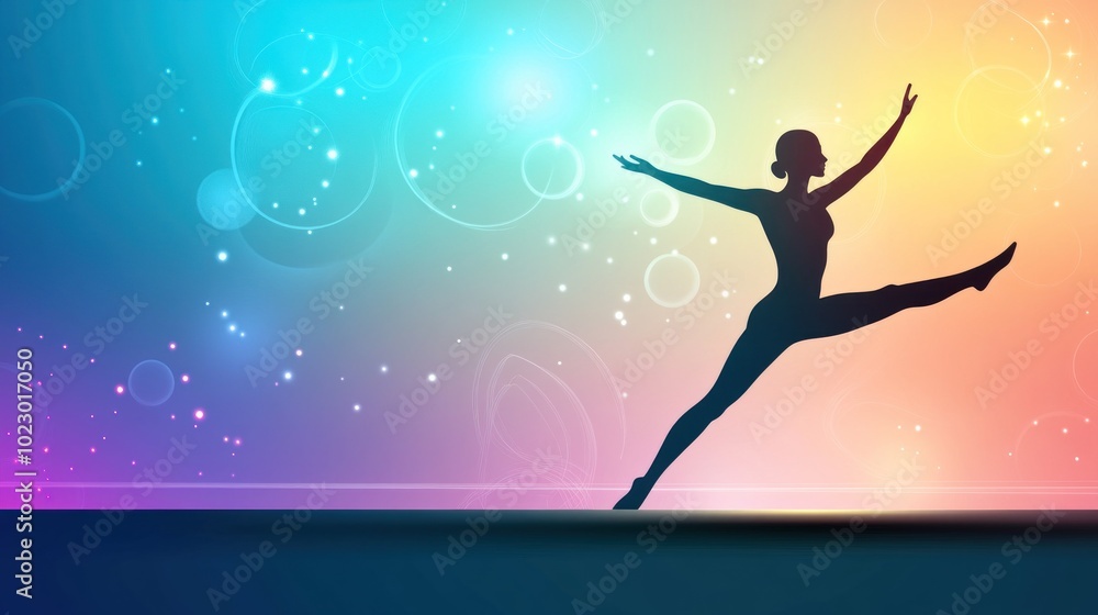 Silhouette of a dancer against a colorful, abstract background with light effects. Silhouette of a dancer against a colorful, abstract background with light effects.