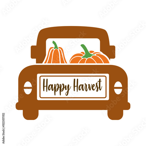 Logo con texto Happy Harvest en la vista posterior del maletero de una furgoneta vintage que acarrea calabazas