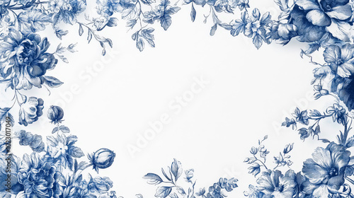 Aesthetic invitation template on tender toile de jouy vintage floral pattern in blue and white, top view. Generative AI
