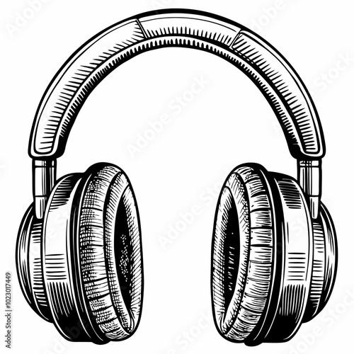 Detailed Black and White Vintage Headphones Illustration for Music and Audio Design