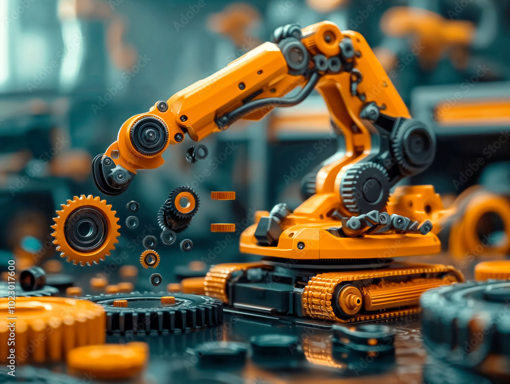 A robot is assembling a machine with gears and other parts. The robot is orange and he is working on a project A robot is assembling a machine with gears and other parts. The robot is orange and he is working on a project