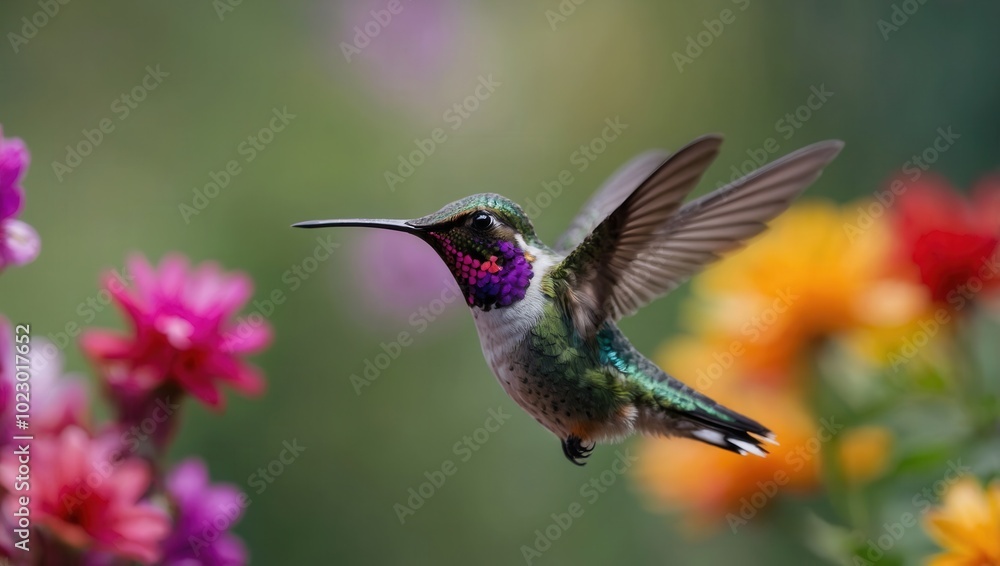 Fototapeta premium Hummingbird in mid-flight above vibrant flowers, green and blue feathers