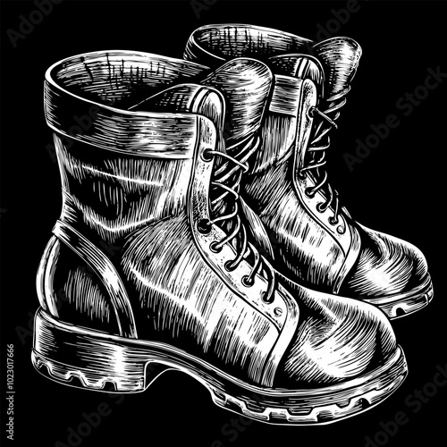 Vintage Engraved Combat Boots Illustration Hand Drawn Monochrome Military Footwear Art