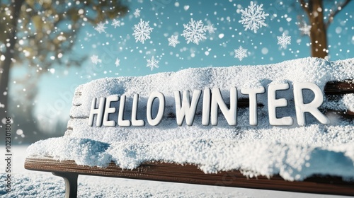 Snowy Park Bench Greeting Season With Hello Winter Sign