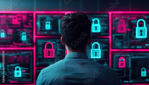 A cybersecurity specialist analyzes data on multiple screens displaying security locks, representing digital protection strategies.