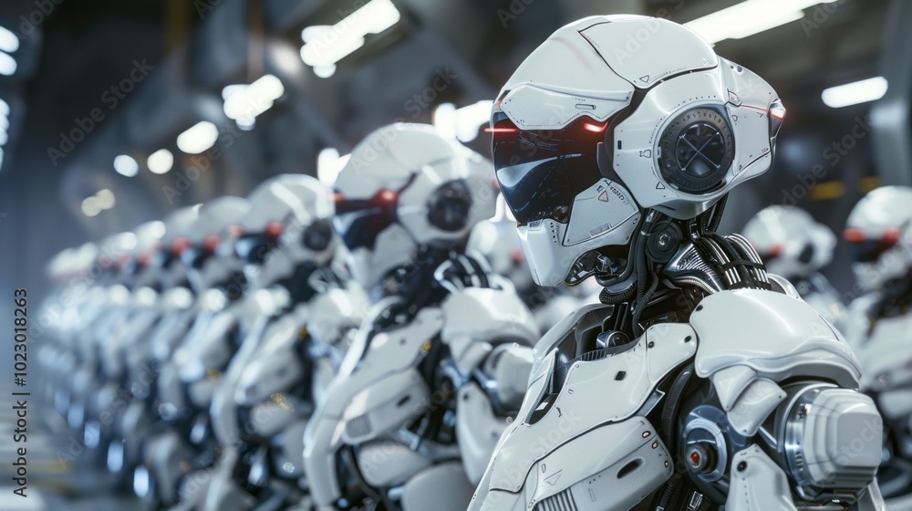 Fototapeta premium A group of robots are lined up in a factory