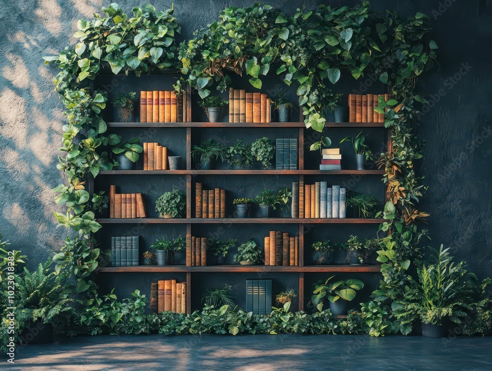 contemporary-style bookshelf decorated with lush plants, serving as a modern element for virtual office backdrops. this design embodies a blend of nature and style, perfect for enhancing a workspace contemporary-style bookshelf decorated with lush plants, serving as a modern element for virtual office backdrops. this design embodies a blend of nature and style, perfect for enhancing a workspace