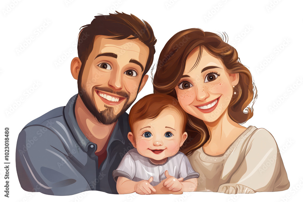 Cheerful family with a baby from , depicted on a transparent PNG. Cheerful family with a baby from , depicted on a transparent PNG.