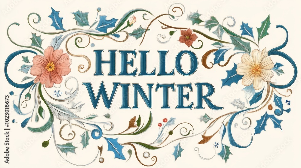 Obraz premium Hello Winter Floral Greeting Design with Elegant Typography