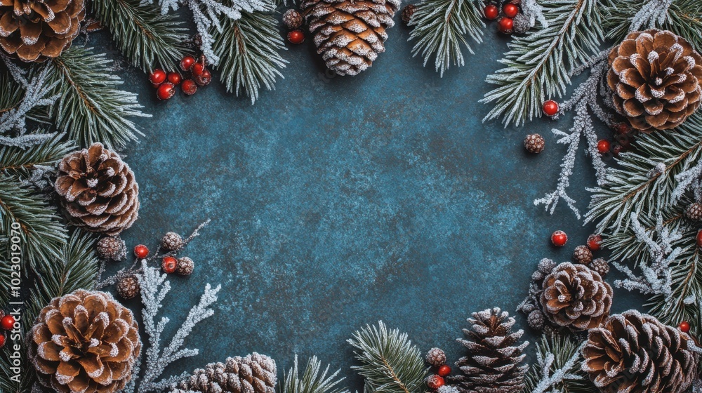 Festive Winter Background with Pine Cones and Red Berries Festive Winter Background with Pine Cones and Red Berries