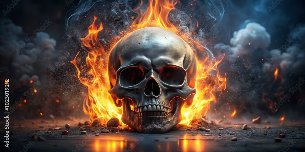 Night photography reveals a fiery skull engulfed in raging flames, embodying a raw sense of fury and intensity that captivates the viewer's senses. Night photography reveals a fiery skull engulfed in raging flames, embodying a raw sense of fury and intensity that captivates the viewer's senses.