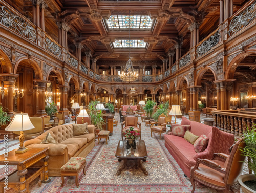 A large room with a chandelier and many couches and chairs. The room is very spacious and has a luxurious feel to it