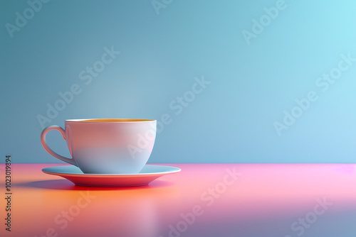 Minimalist pastel coffee cup steaming on table