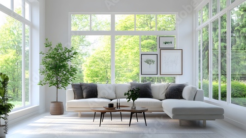 Modern Living Room Interior with White Sectional Sofa and Large Windows