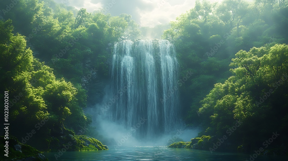Majestic waterfall cascading down a rocky cliff in a lush green forest, with sunlight shining through the trees. Majestic waterfall cascading down a rocky cliff in a lush green forest, with sunlight shining through the trees.
