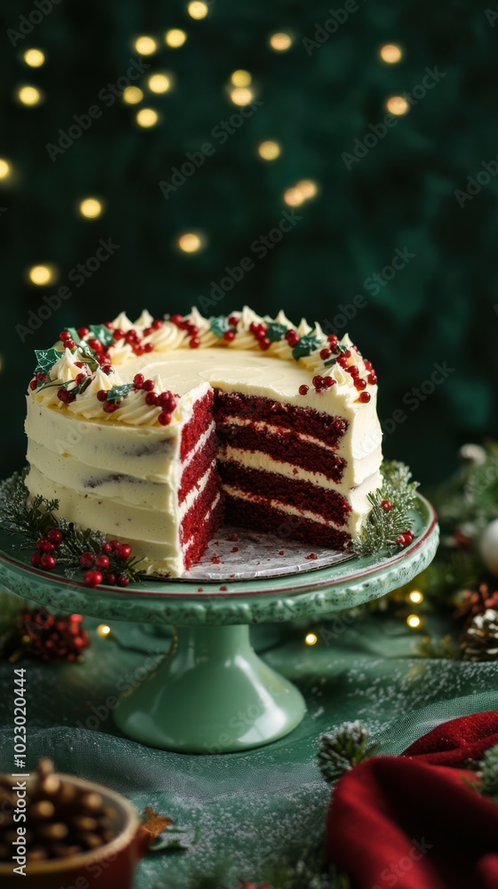 Red velvet cake with cream cheese frosting, placed on a mint table with a deep emerald backdrop and shimmering fairy lights, copy space, Merry Christmas background, holiday dessert ad, festive cake Red velvet cake with cream cheese frosting, placed on a mint table with a deep emerald backdrop and shimmering fairy lights, copy space, Merry Christmas background, holiday dessert ad, festive cake