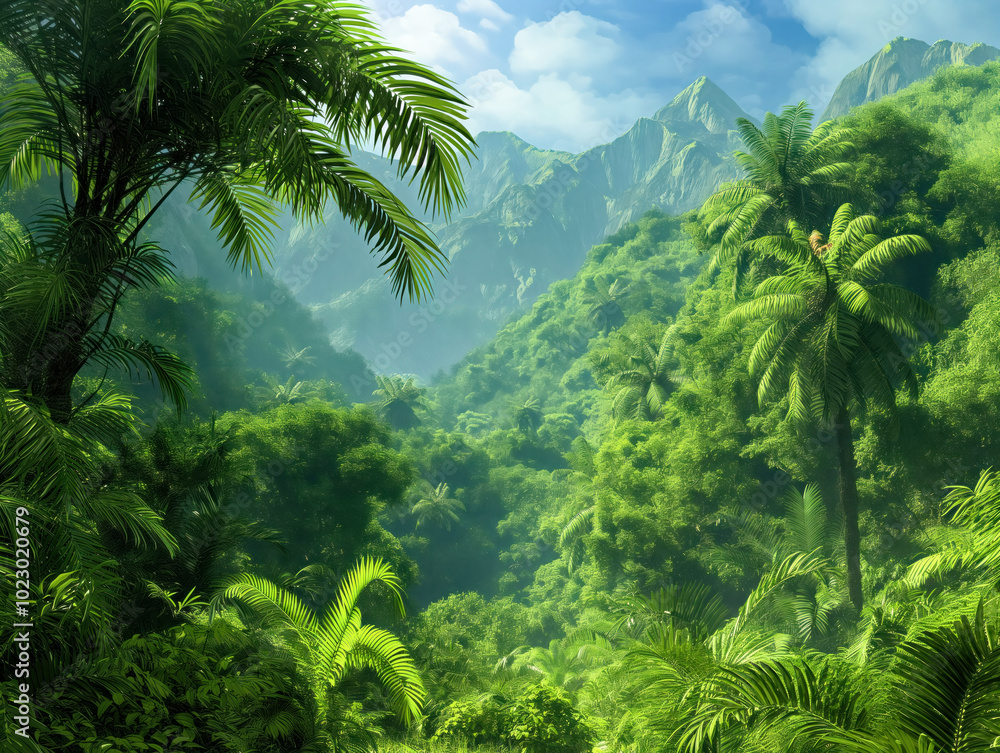 A lush green jungle with a mountain range in the background. The trees are tall and leafy, and the sky is clear and blue. The scene is peaceful and serene, with a sense of calm and tranquility