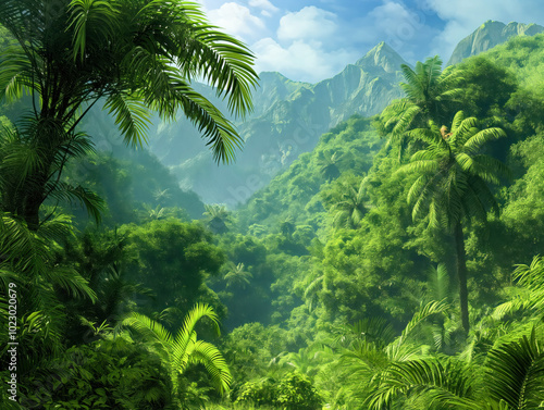 Obraz na płótnie A lush green jungle with a mountain range in the background. The trees are tall and leafy, and the sky is clear and blue. The scene is peaceful and serene, with a sense of calm and tranquility w salonie