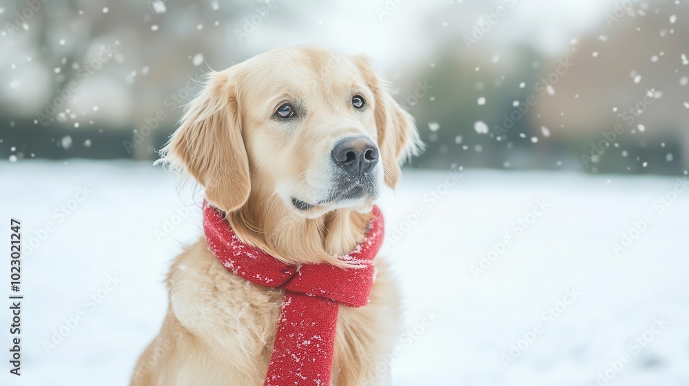 Golden retriever wearing a red scarf in a snowy landscape, winter scenery. Golden retriever wearing a red scarf in a snowy landscape, winter scenery.