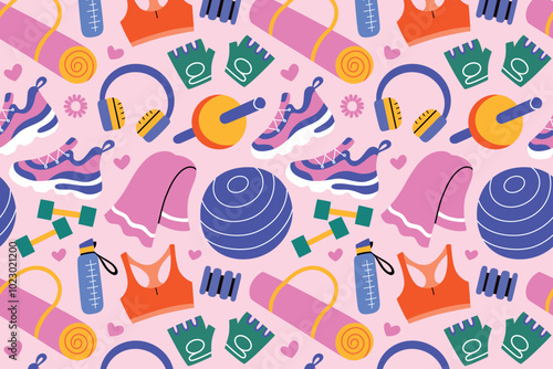 Colorful sports pattern with gym equipment, women accessories and fitness items. Vector illustration in flat cartoon style. Perfect for workout, active lifestyle, gym, female sports shoes, dumbbells