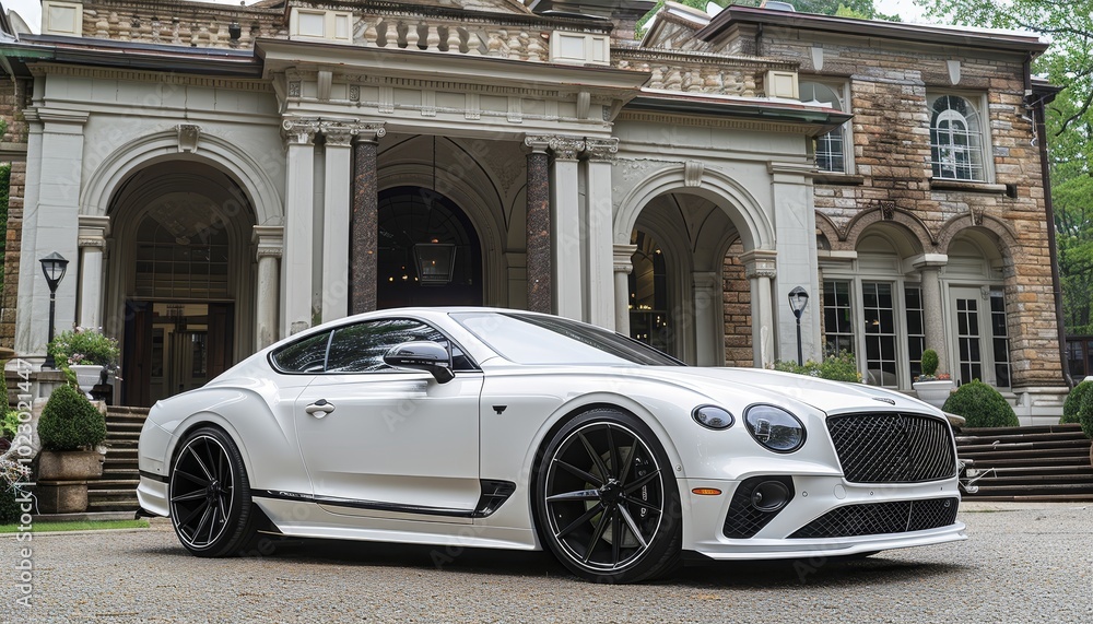 Sleek luxury car elegantly parked in front of an upscale modern mansion showcasing sophistication Sleek luxury car elegantly parked in front of an upscale modern mansion showcasing sophistication