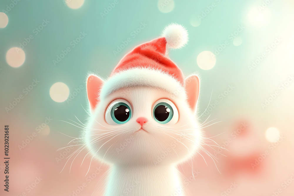 Cute kitten wearing a Santa hat, portrait with festive background, 3D illustration Cute kitten wearing a Santa hat, portrait with festive background, 3D illustration