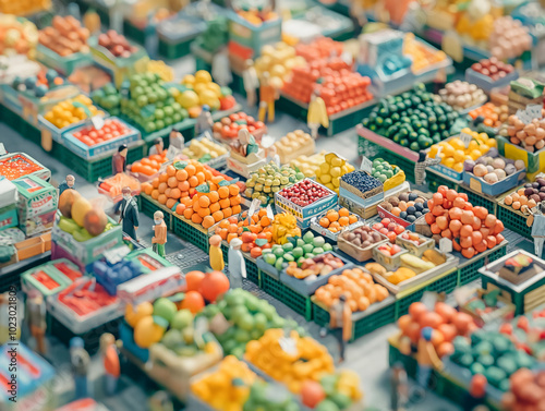 A group of people are shopping at a market with a variety of fruits and vegetables. The market is bustling with activity as people browse and purchase their items. The scene is lively and colorful