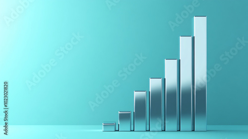 A 3D silver bar graph against a teal background, showcasing a gradual increase in bar heights