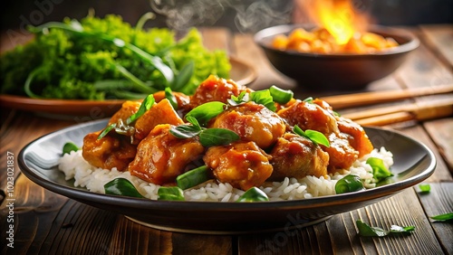 Savor the stunning silhouette of a mouthwatering orange chicken dish; tender pieces accompanied by fluffy steamed rice and bright, crisp vegetables for culinary lovers.