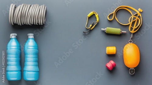 Fitness accessories including water bottles, rope, and equipment on a gray backdrop. photo