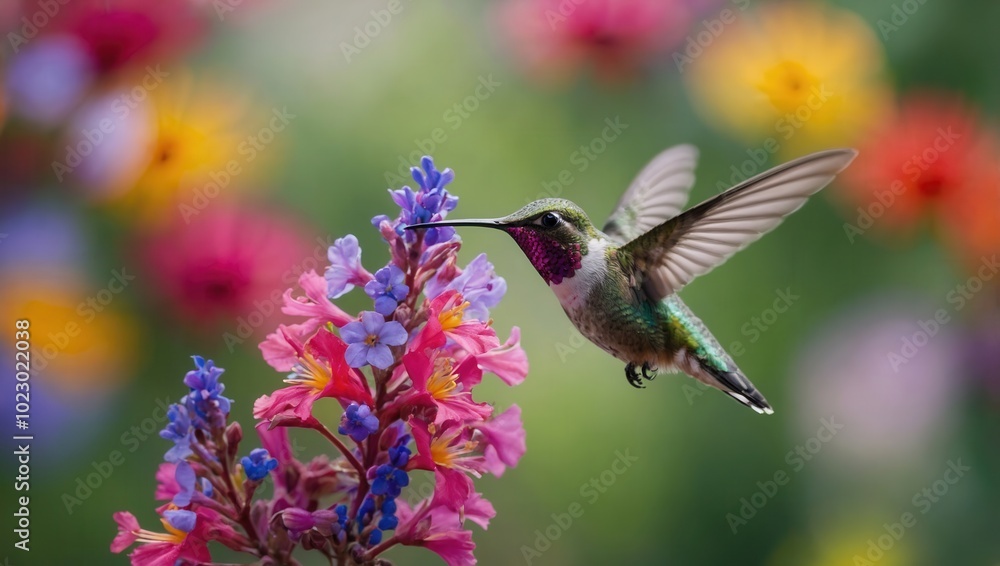 Fototapeta premium Hummingbird feeding on vibrant flowers in mid-air, wings outstretched in flight