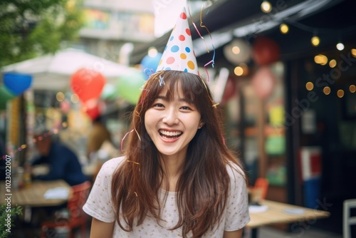 Cheerful hong konger woman birthday laughing portrait.