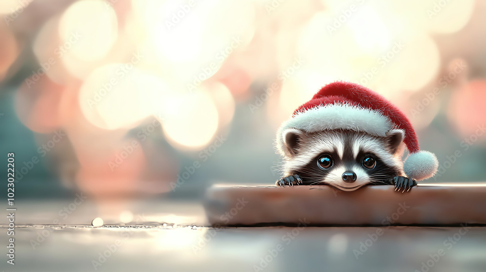 Baby raccoon in a Santa hat, cute and festive holiday portrait, 3D illustration Baby raccoon in a Santa hat, cute and festive holiday portrait, 3D illustration