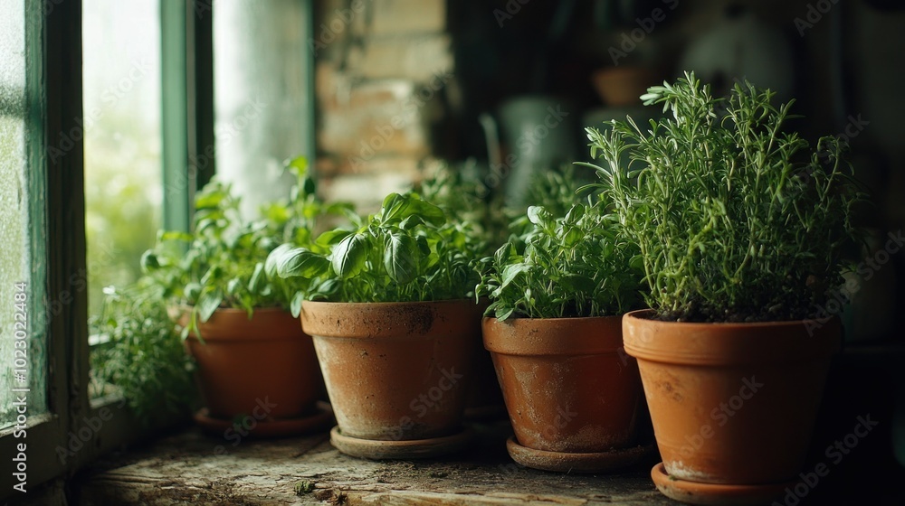 Potted Herbs on a Windowsill in Rustic Setting Potted Herbs on a Windowsill in Rustic Setting
