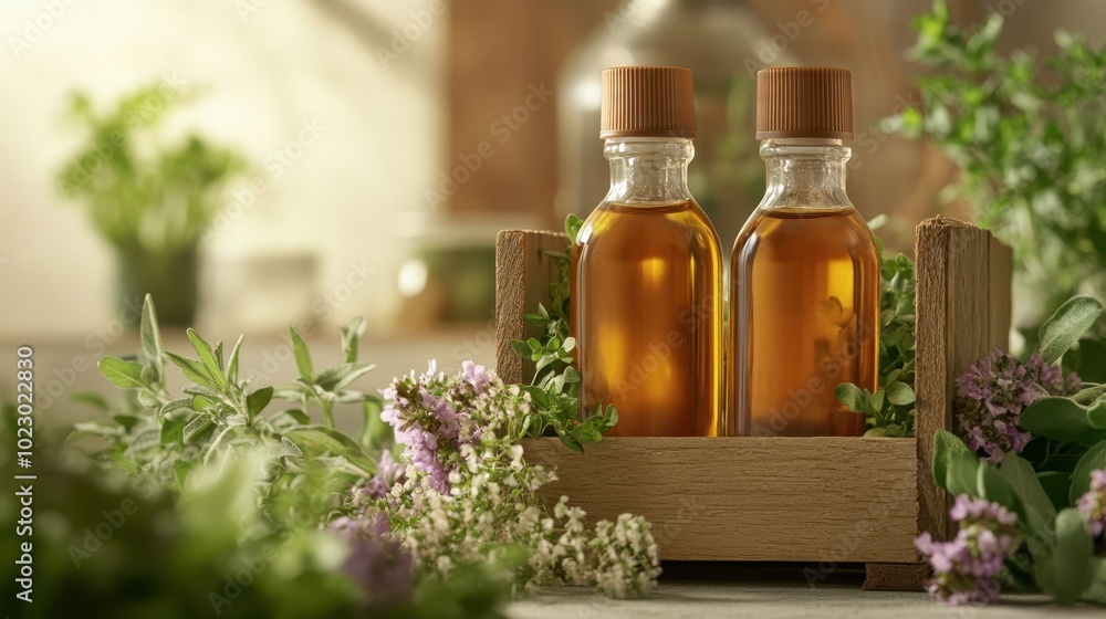 Serene Herbal Essence Bottles in Rustic Wooden Crate Surrounded by Fresh Herbs Serene Herbal Essence Bottles in Rustic Wooden Crate Surrounded by Fresh Herbs