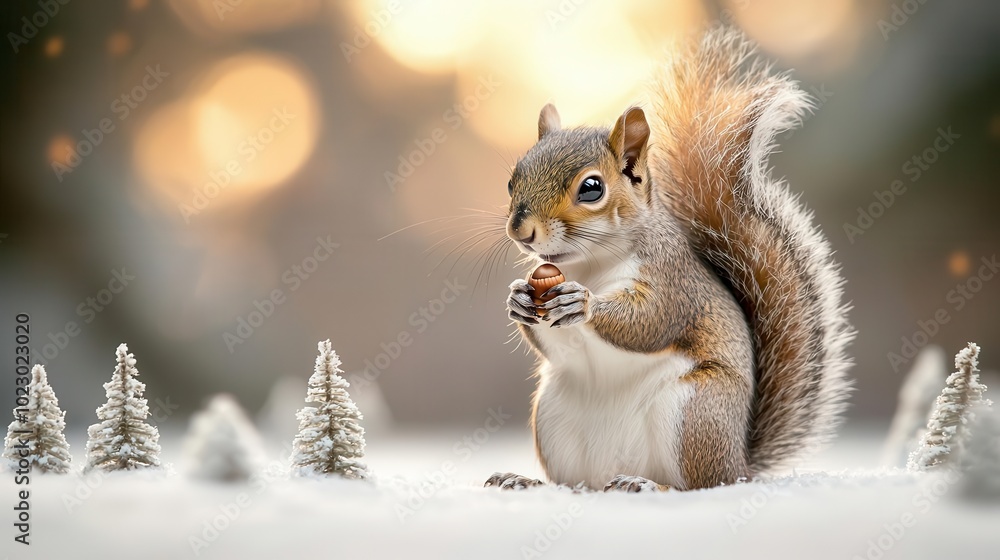 Squirrel holding nut in snow with winter trees in a beautiful bokeh background. Squirrel holding nut in snow with winter trees in a beautiful bokeh background.