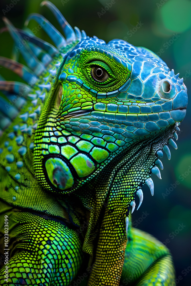 Fototapeta premium Emerald Iguana Nestling in its Lush Green Habitat: A Portrait of Grace and Resilience
