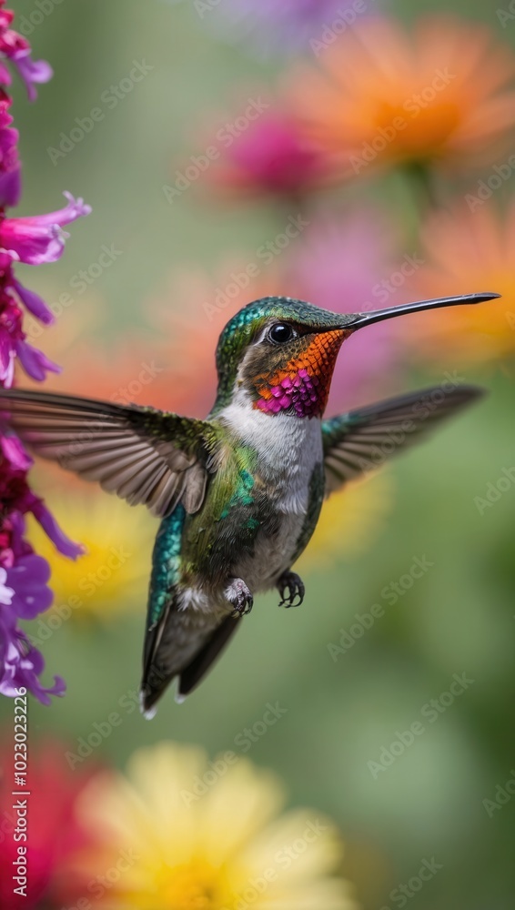 Fototapeta premium Hummingbird in flight with spread wings, hovering near flowers in a garden