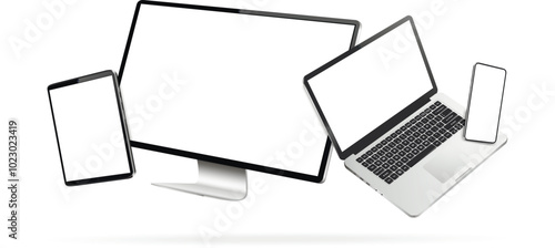 Computer screen, laptop, tablet pc and mobile phone while levitating in the air on a white background