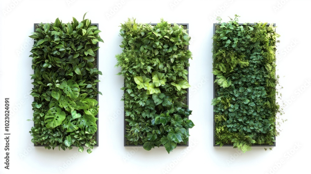 Obraz premium Trio of lush green garden walls against an isolated white background