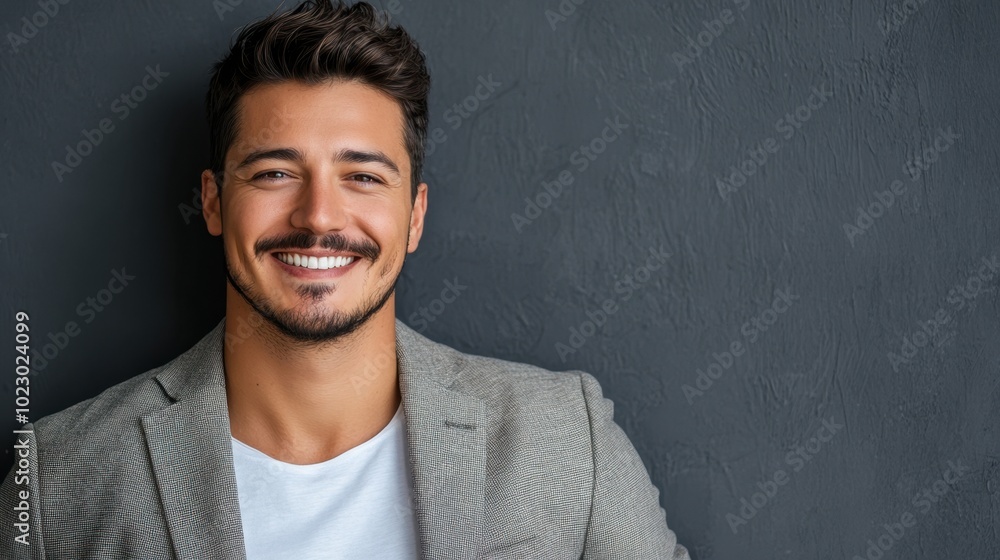 Obraz premium Confident Young Man Smiling in Stylish Blazer Against Grey Background