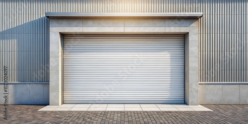 Stylish surreal white roller garage shutter door, designed with a realistic texture, perfect for shops and stores, incorporating a durable metal protect system in vector art. photo