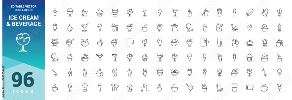 Ice cream icons set. Beverage icons pack. such as parfait, frozen, vanilla, chocolate, juice, cone, coffee, milk, dessert and more. Vector illustration. Ice cream icons set. Beverage icons pack. such as parfait, frozen, vanilla, chocolate, juice, cone, coffee, milk, dessert and more. Vector illustration.