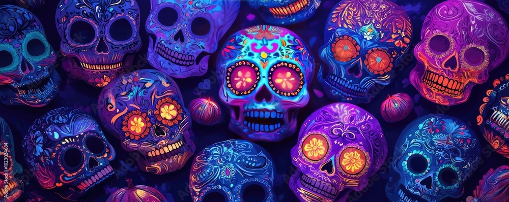 A vibrant collection of colorful skulls, showcasing intricate designs and glowing details, perfect for cultural and festive themes. A vibrant collection of colorful skulls, showcasing intricate designs and glowing details, perfect for cultural and festive themes.