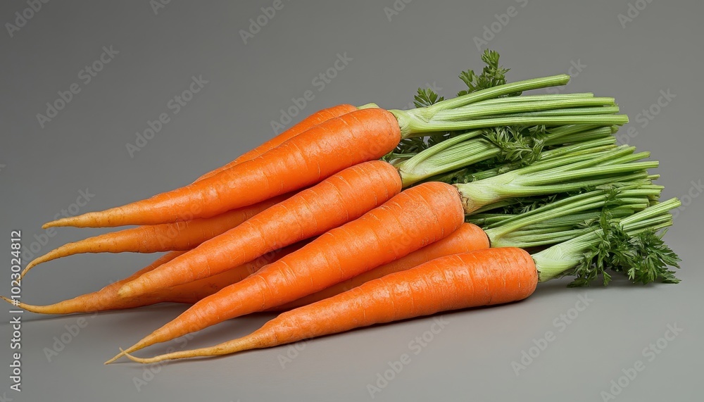 Vibrant orange carrots artfully arranged on a neutral background, highlighting their texture Vibrant orange carrots artfully arranged on a neutral background, highlighting their texture