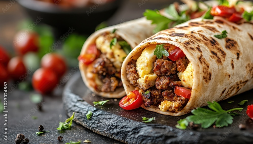 Satisfying breakfast burrito filled with eggs and sausage, served on a rustic wooden board Satisfying breakfast burrito filled with eggs and sausage, served on a rustic wooden board