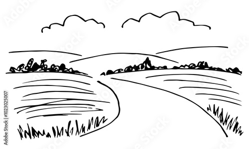 Summer landscape, nature. Clouds in the sky, trees and hills, farm fields, crops, road, grass and plants. Simple hand drawn vector illustration with black outline. Sketch in ink.