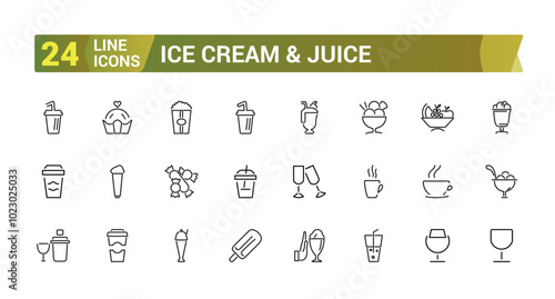Ice cream icons set. Beverage icons pack. such as parfait, frozen, vanilla, chocolate, juice, cone, coffee, milk, dessert and more. Vector illustration.