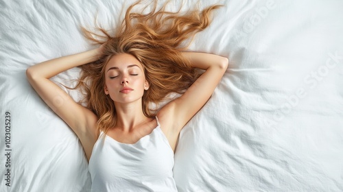 Relaxed young woman lying on bed with flowing hair, peaceful expression.