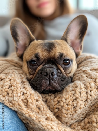 A cozy French bulldog wrapped in a knit blanket while relaxing indoors with its owner on a quiet afternoon